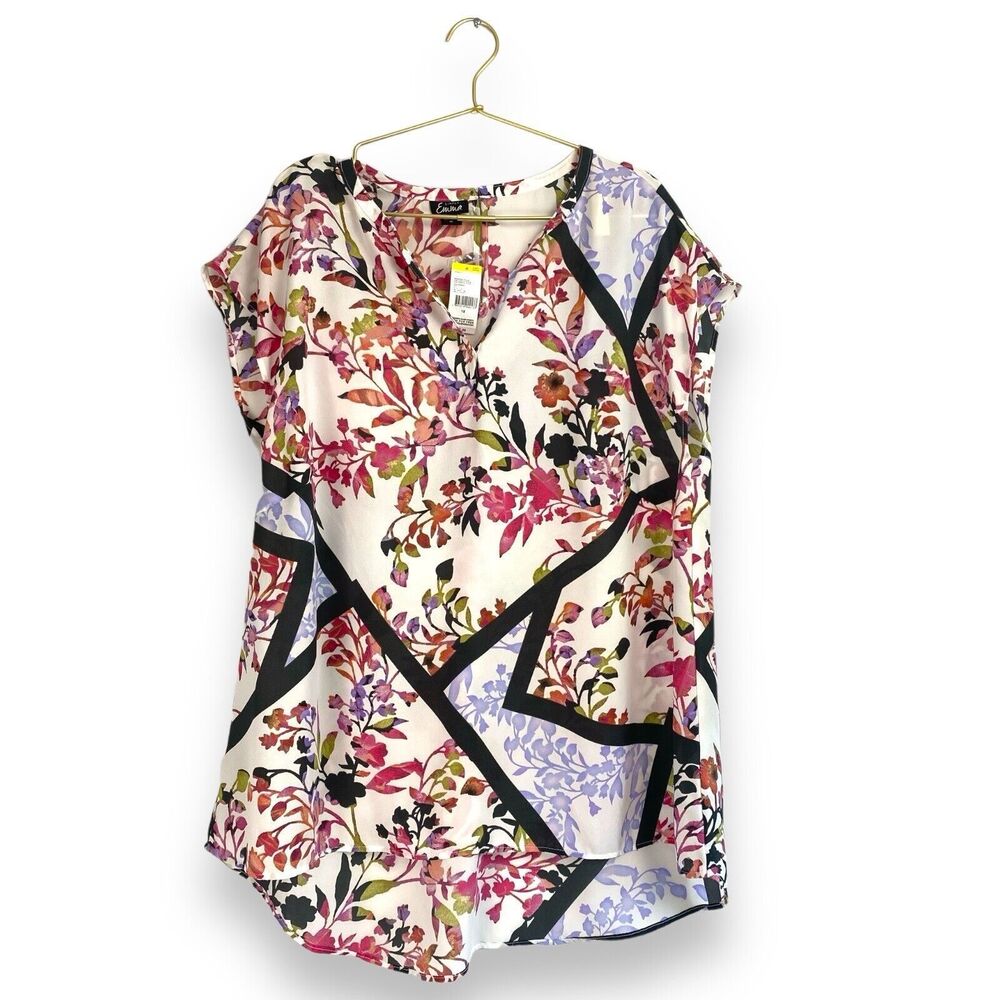 SIMPLY EMMA Women Plus Size 1X Multicolor Floral V Neck Short Sleeve Blouse‎ 475